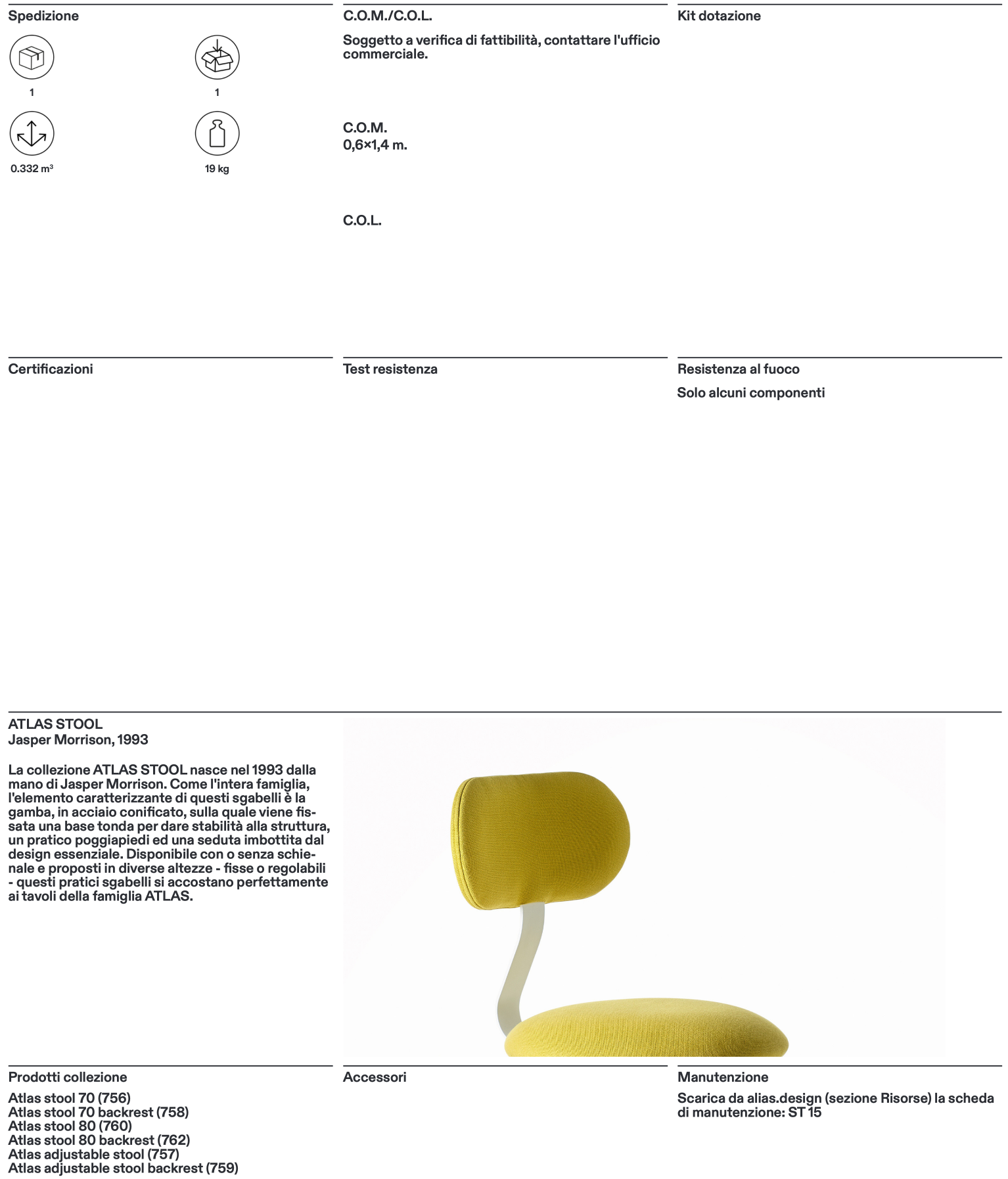 Atlas stool 70 backrest sgabello