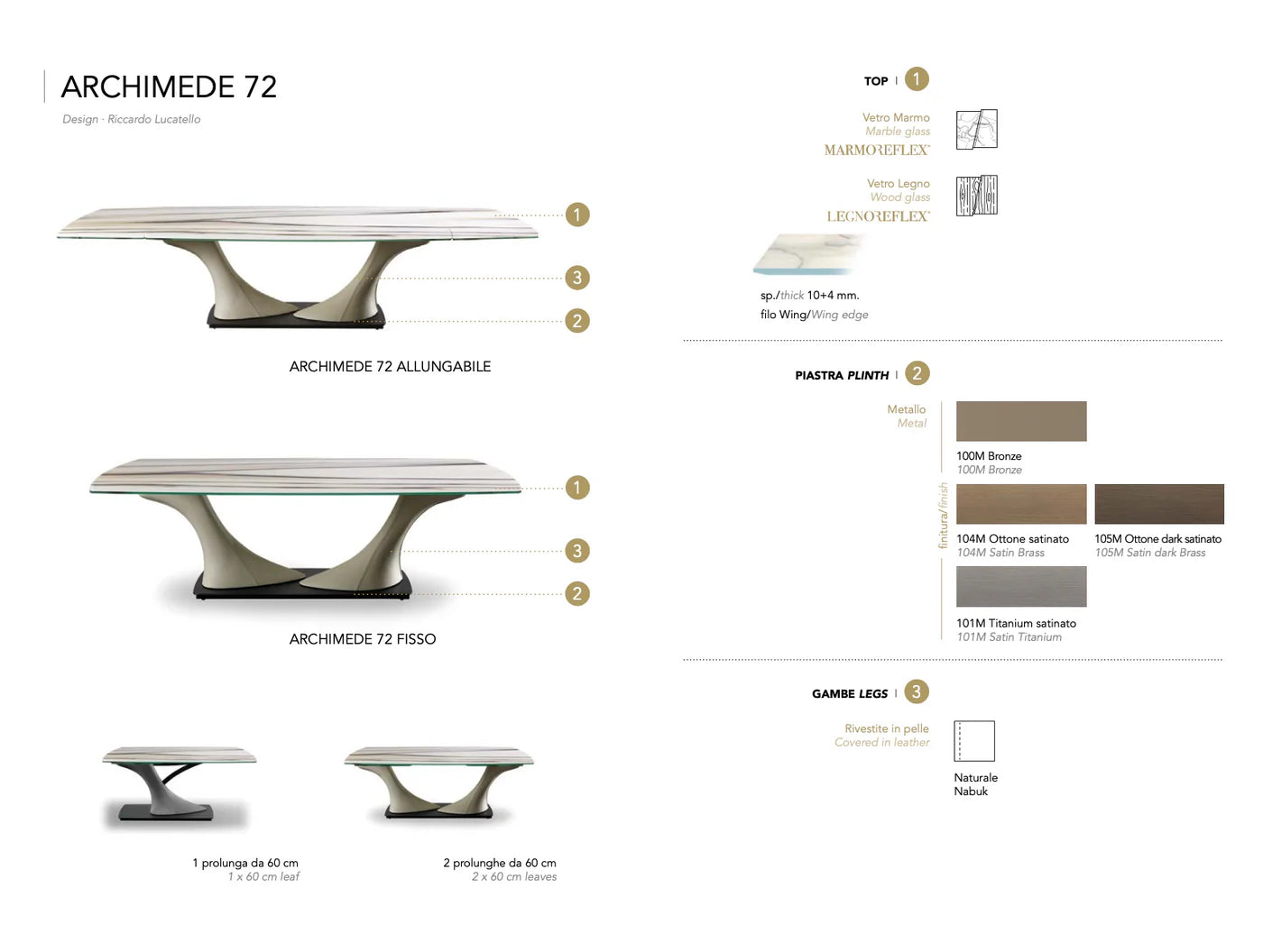 Archimede 72 tavolo allungabile piano vetrolegno con due prolunghe da 60cm