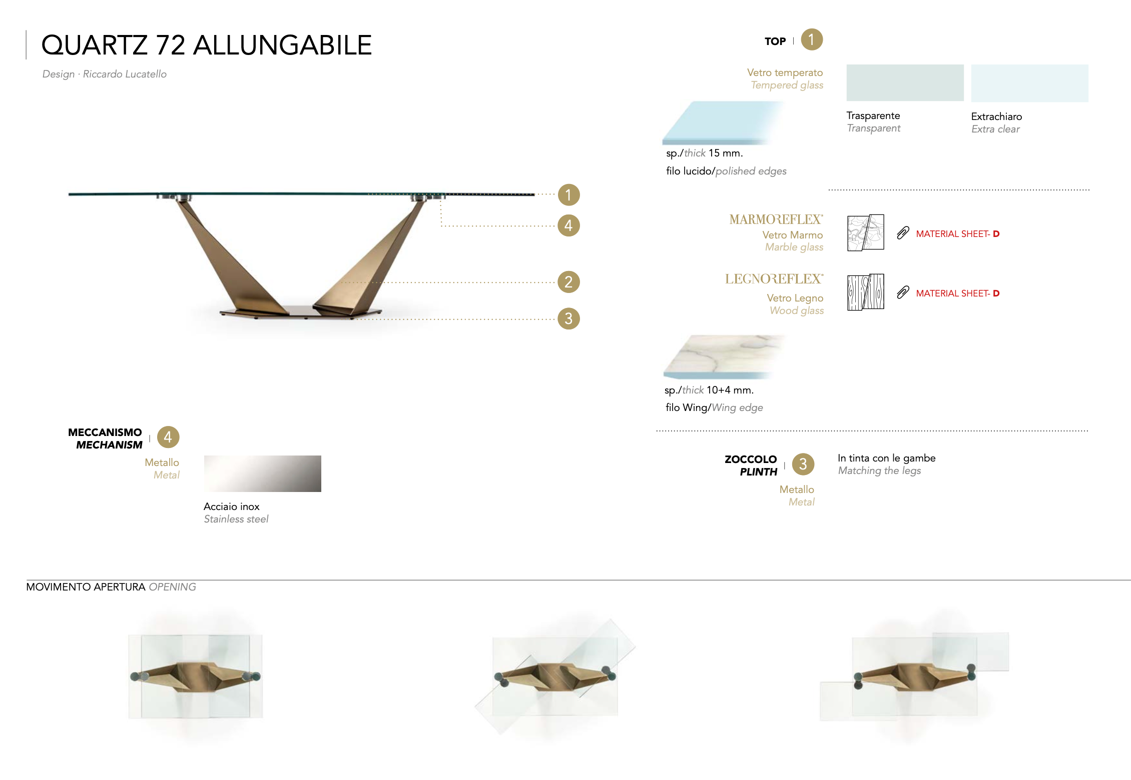 Quartz 72 tavolo allungabile piano vetro